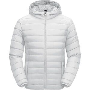 Men's White Hooded Water-Resistant Outerwear Warm Quilted Puffer Jacket